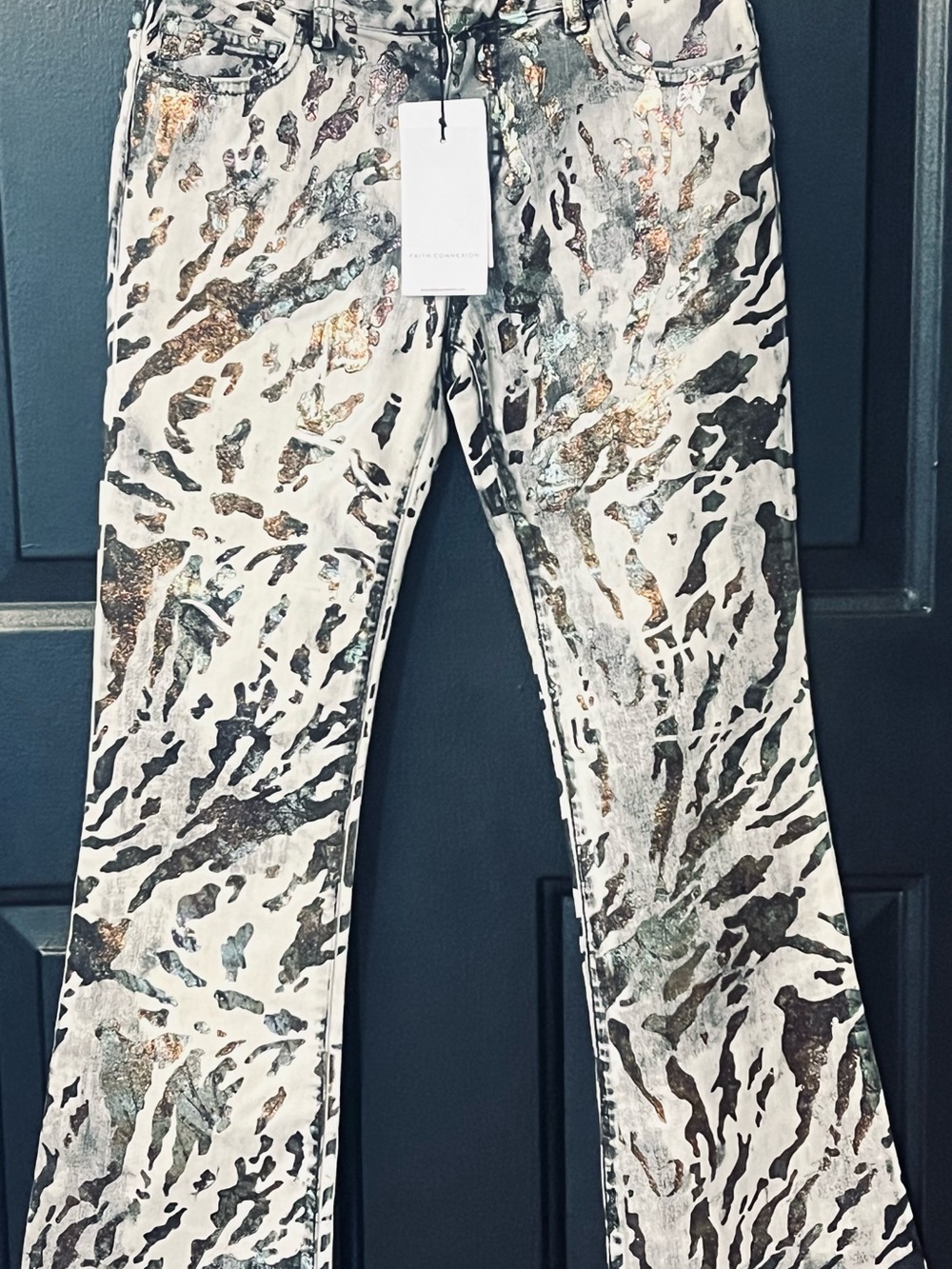 NWT Faith Connexion Iridescent Metallic Splatter Jeans Cream & Multicolor Sz 25